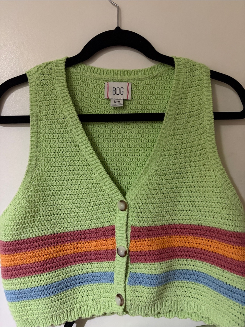 BDG UO Lime Green Crochet Button-Front Vest and Matching Striped Shorts - Picture 2 of 3